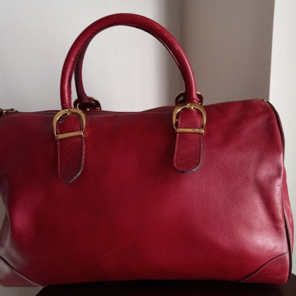 VINTAGE 80S 90S CROUCH & FITZGERALD BURGUNDY LEATHER BARREL PURSE BAG - Picture 4 of 9